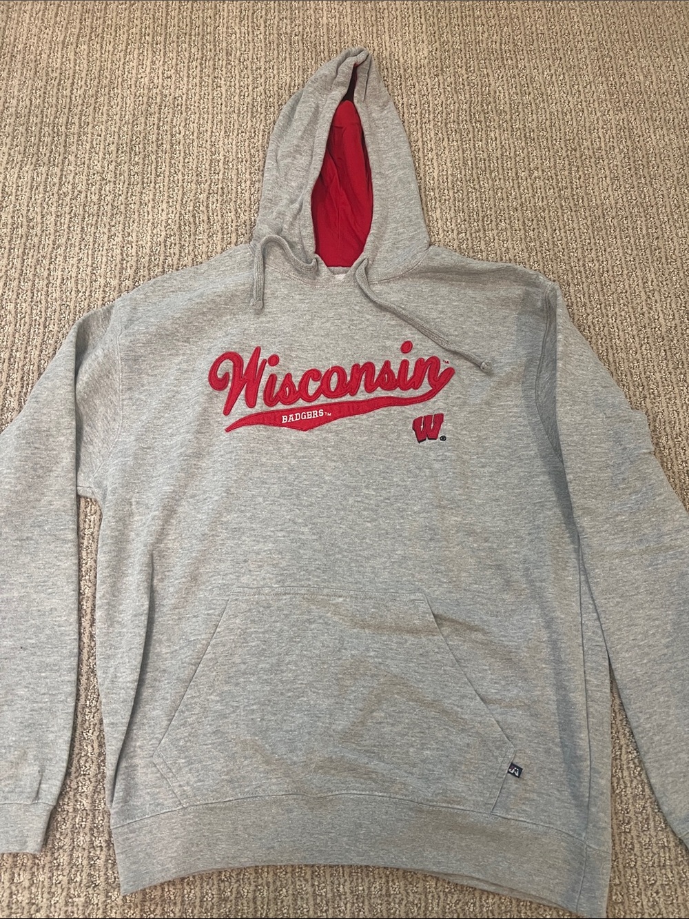 Wisconsin Script Pullover Hoodie - Gray with Red Accents